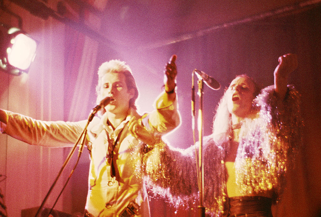 Photo by ROXY MUSIC and Andy MACKAY and Brian ENO;  Andy Mackay and Brian Eno performing on stage on their first UK tour (Photo by Fin Costello/Redferns)