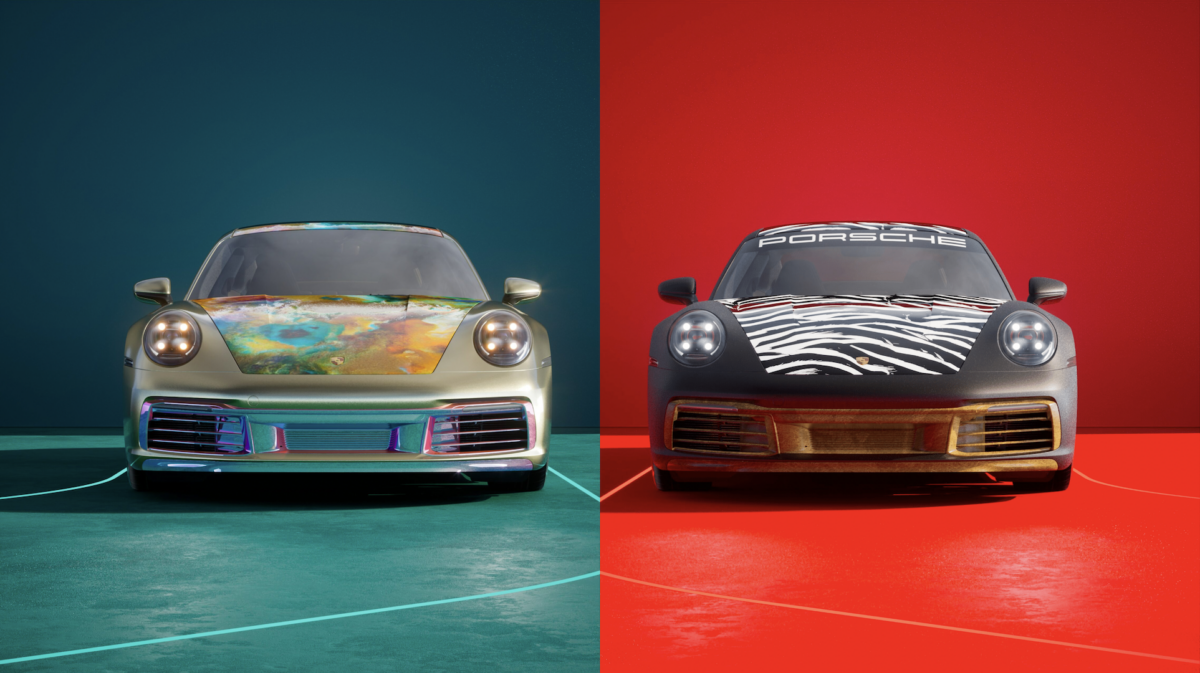 Two digital renderings of Porsche cars sit next to each other.  The car on the left is silver with a rainbow-colored hood and a blue-green background.  The left one is black with a zebra print hood on a red background.