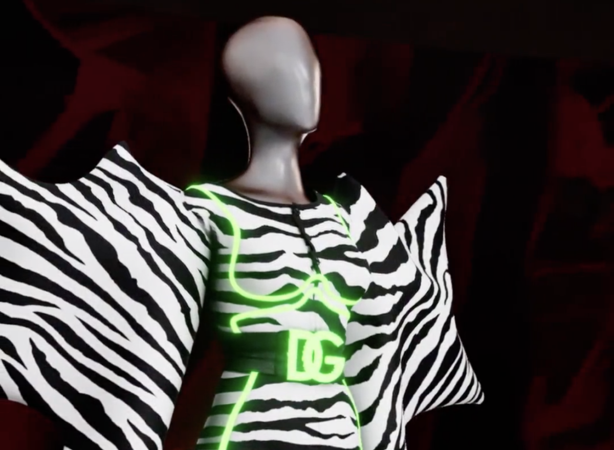 A fully digital fashion look featuring a digital woman in a zebra print inspired by Dolce & Gabbana looks.