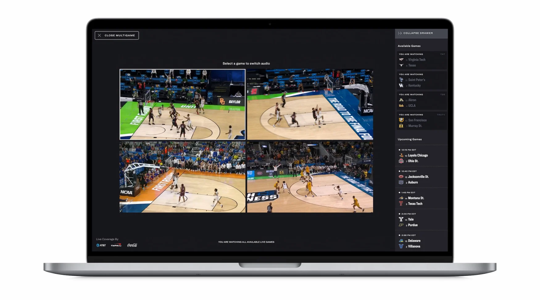A laptop displaying a multi-view of NCAA March Madness with four games streaming simultaneously