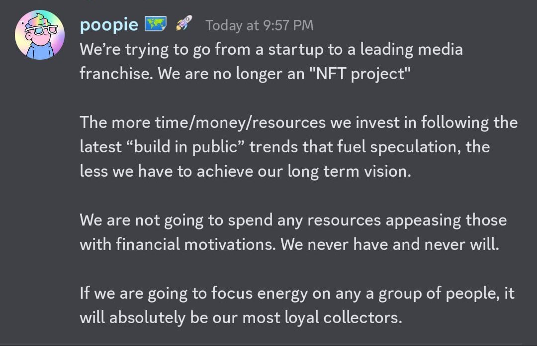 Poopie discord message saying Doodles is no longer an NFT project