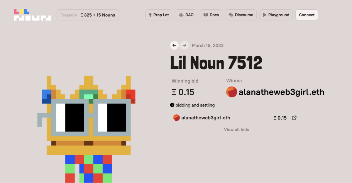 lil nouns home page with latest sale