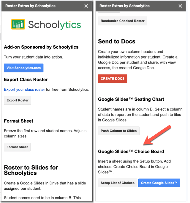Screenshot of the sidebar.  There is an arrow pointing to the bottom option of "Google Slides Options Dashboard" with a Gray Set Up Picklist button and a Blue Create Google Slides button. 