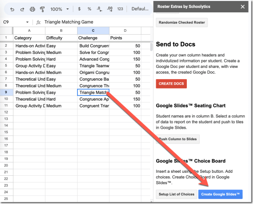 Screenshot of a spreadsheet filled with a table of options and an arrow pointing to the blue button in the sidebar to create Google Slides. 