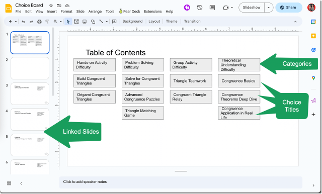 Create Gamified Choice Board by Category is built on Google Slides.  This is a screenshot of Google Slides that has rectangles of what was on the spreadsheet arranged on the slide.  An arrow shows that a slide linked by choice was created. 