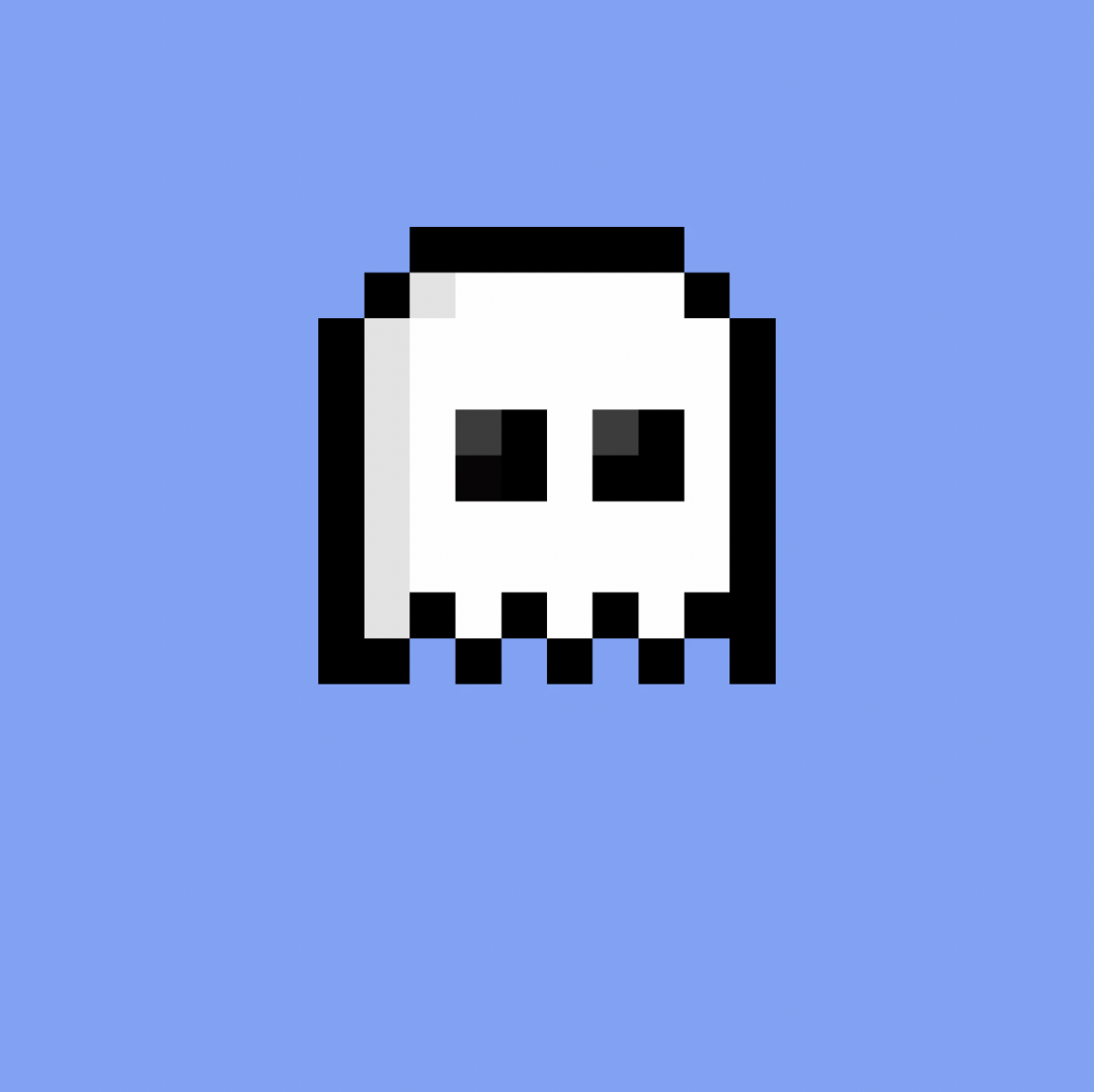 A floating pixelated ghost head on a pale violet blue background.