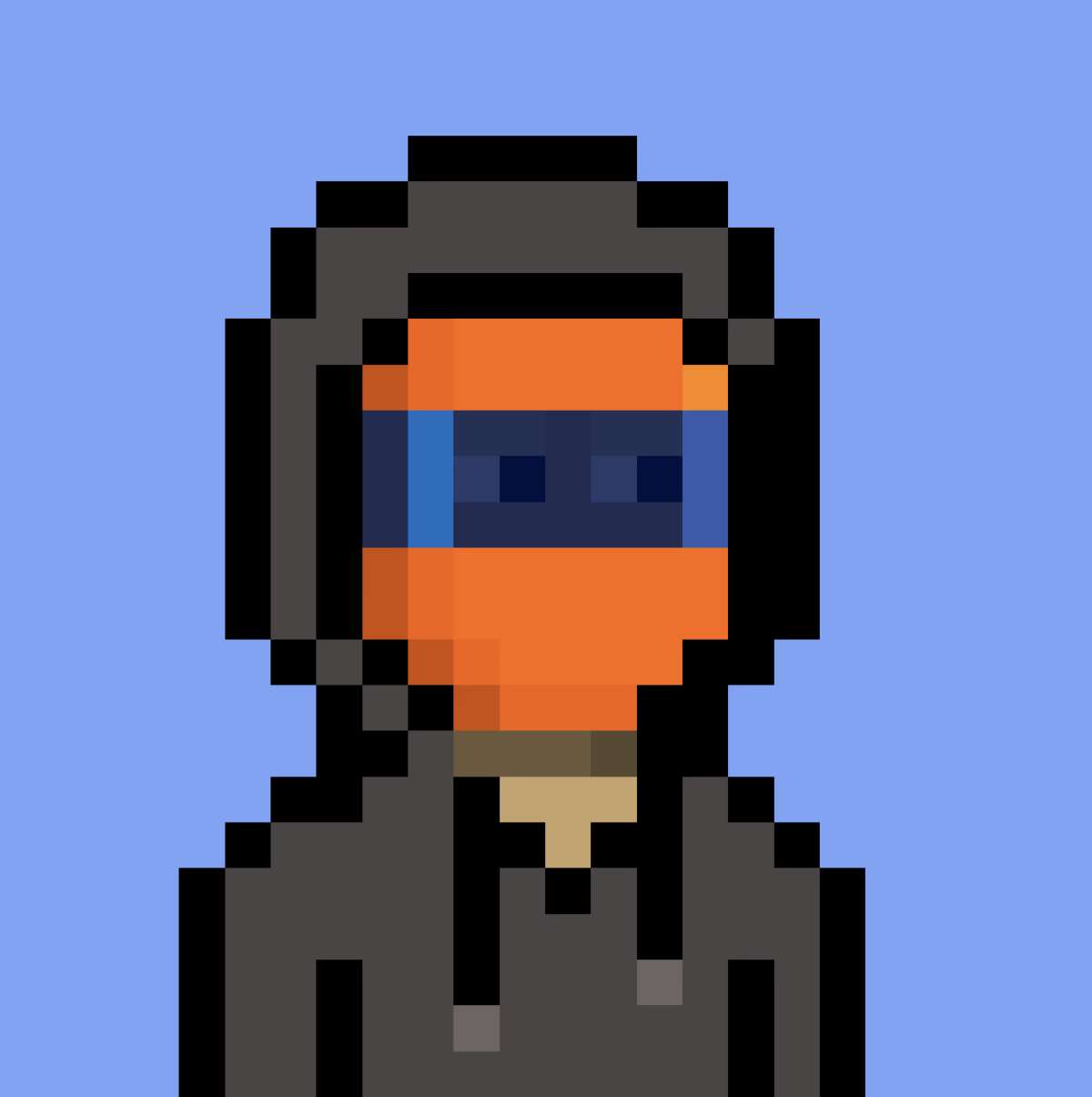 A pixelated character wearing a dark gray hoodie and an orange helmet on a light purple blue background.