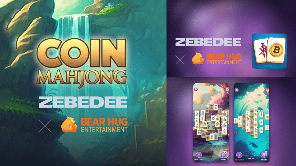 The logos and screenshots of the Coin Mahjong game by Zebedee and Bear Hug Entertainment that offers Bitcoin Rewards to its players.
