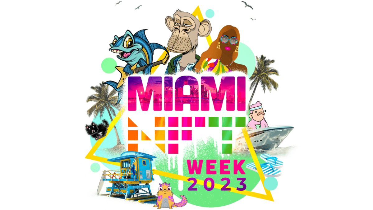 the Miami NFT Week 2023 logo, with different NFT designs around it
