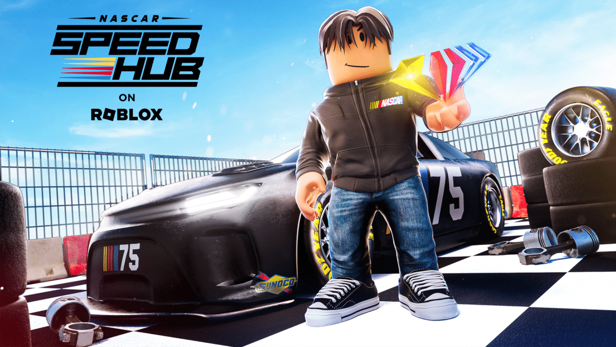 a poster of a Roblox metaverse character in front of NASCAR cars for your NASCAR Speed ​​Hub