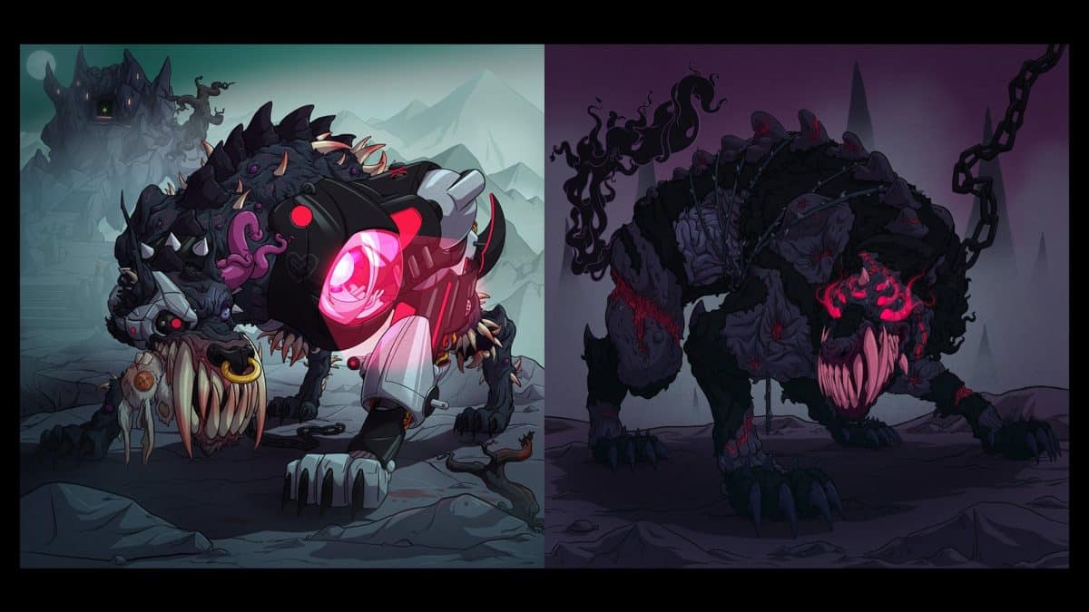 Two examples of artwork for the NFT Mutant Hounds Project