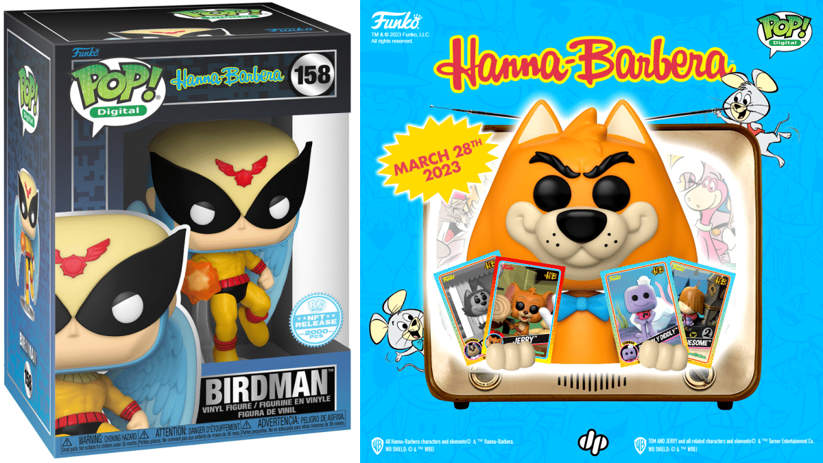 An image of a digital lineup of Hanna Barbera characters as Digital Funko Pops, featuring one funko pop character: Birdman, in a Funko box.