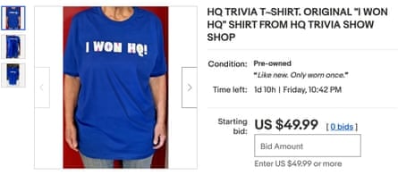 A blue HQ trivia t-shirt, as seen on eBay