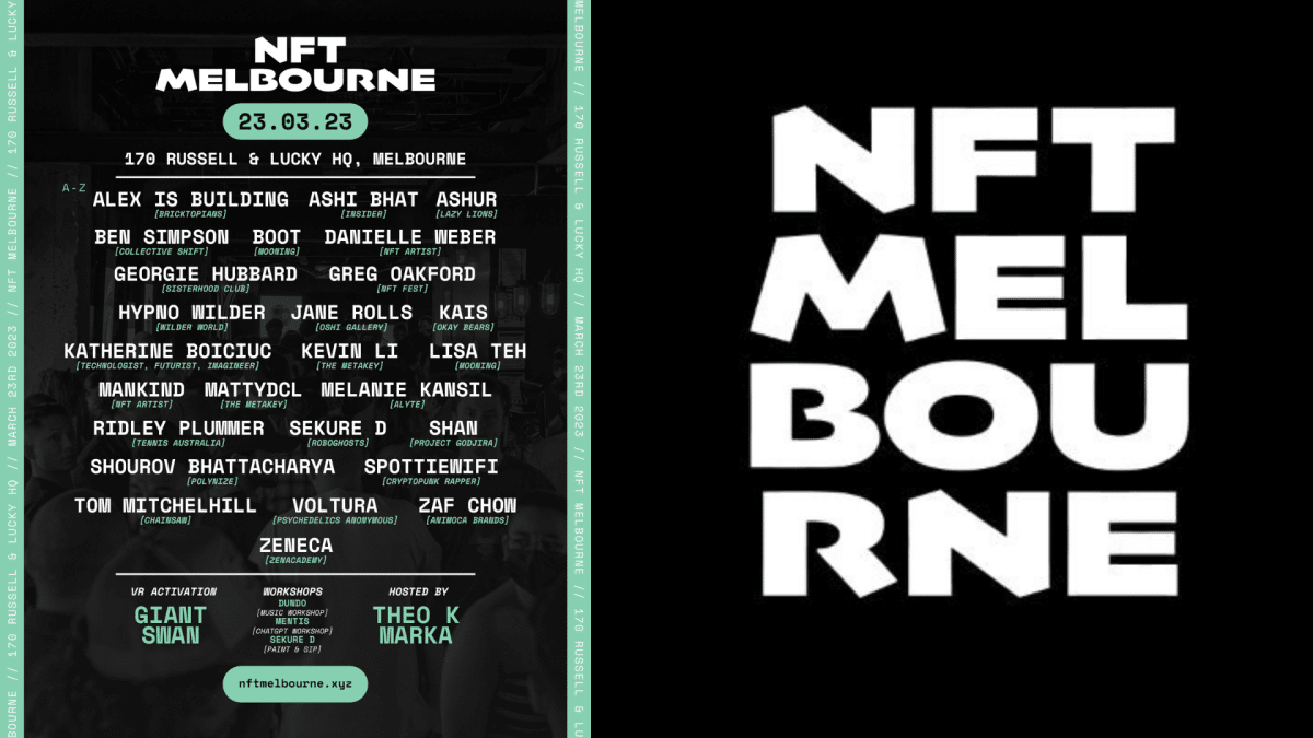 The official NFT Melbourne poster along with the NFT Melbourne logo