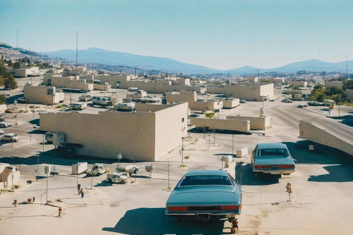 An urban scene in an imaginary setting of the American Southwest with cars and adobe buildings.