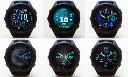 A composite image showing six different watch faces on the Garmin Forerunner 265S.