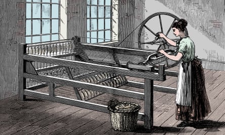 A woman works on a spinning jenny, a machine that transformed textile manufacturing