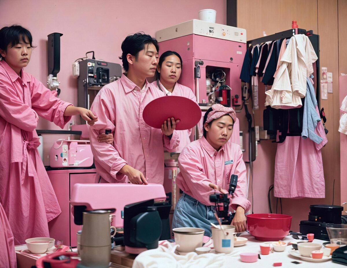 An AI photo of various figures in a textile factory dressed in pink.