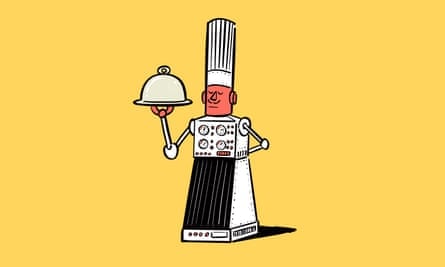 Illustration shows a robot chef approaching with platter and dome.