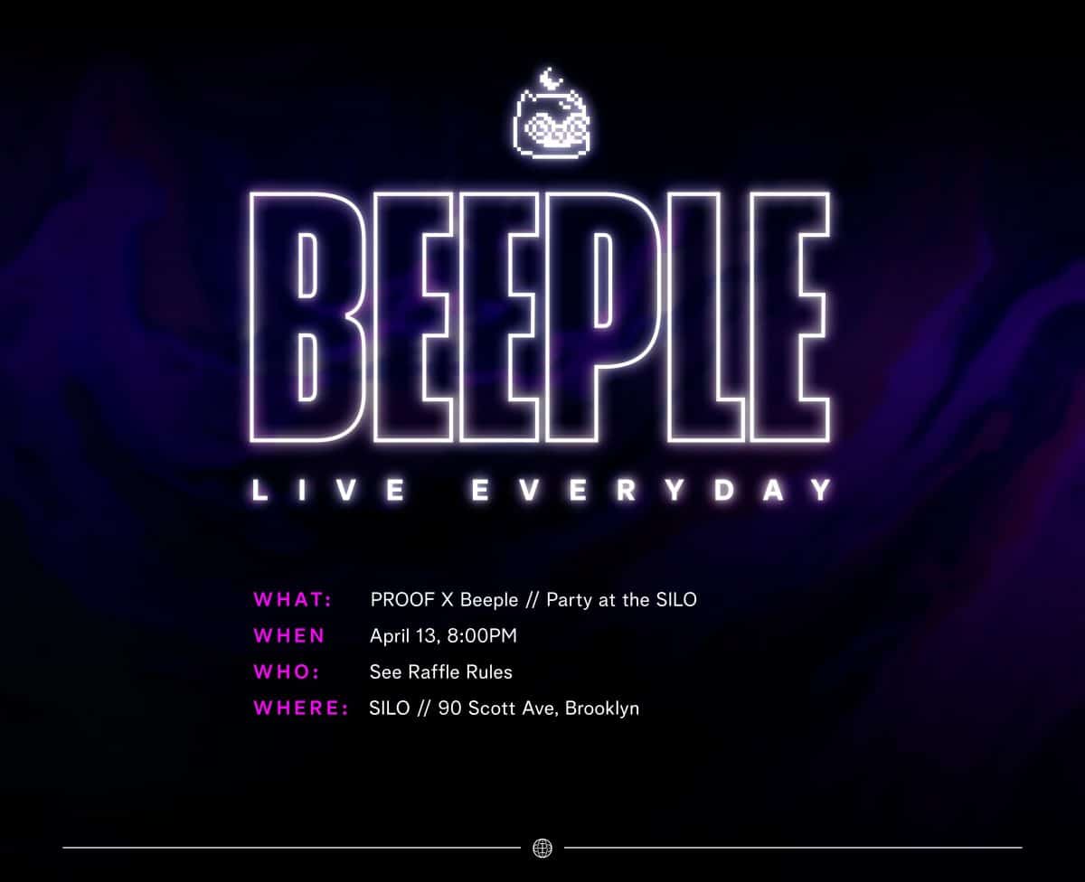 A Proof Beeple event is advertised with white text on a blue and black background.  There is purple text that provides the details of the event.