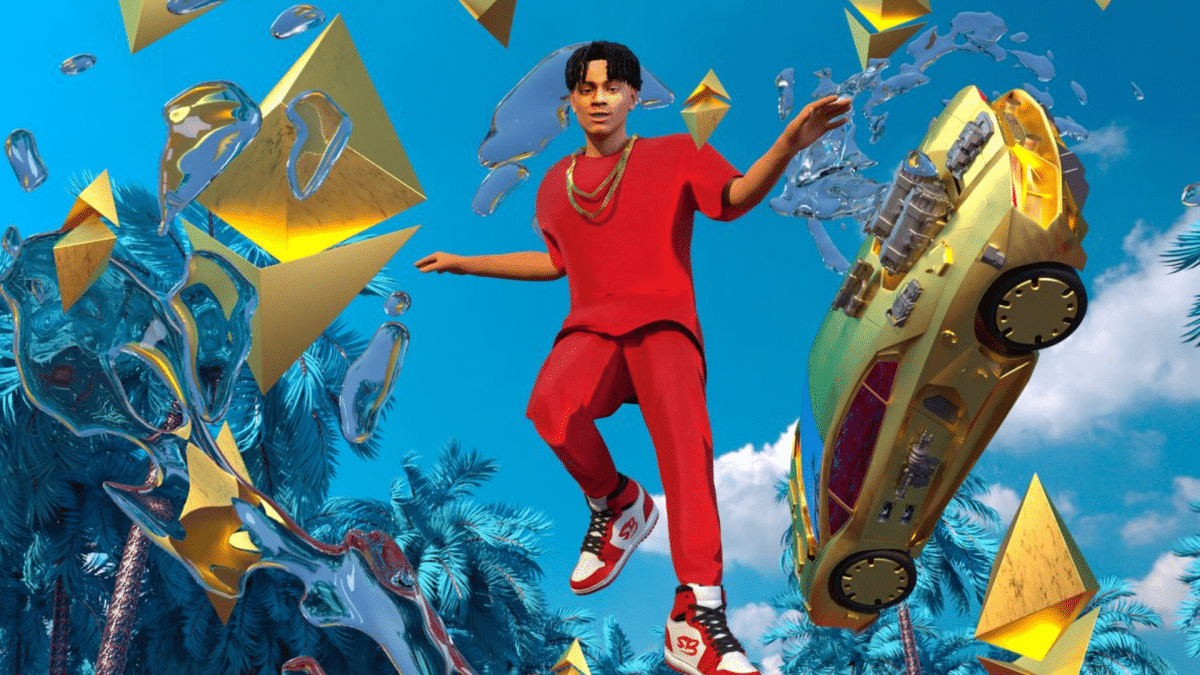 3d rendered image of a nft 'soulja boy', dressed in red, floating next to gold ethereum logos and a gold car