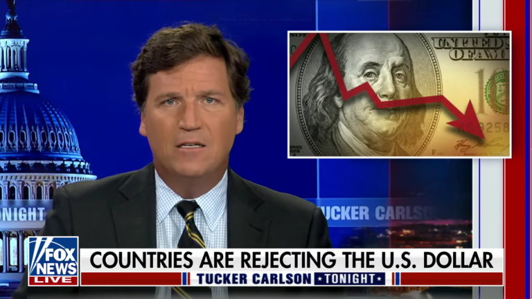 Tucker Carlson blames recent de-dollarization moves on Russian sanctions and the militarization of the US dollar