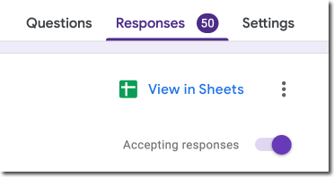 Screenshot of the responses tab in Google Forms with the sheet view option next to the spreadsheet icon. 