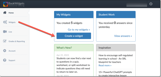 Getting started with book widgets starts by going to widgets on the left hand side and clicking Create a widget.