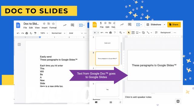 screenshot of a Google Doc along with Google Slides to show the Google Doc paragraphs converted into individual slides. 