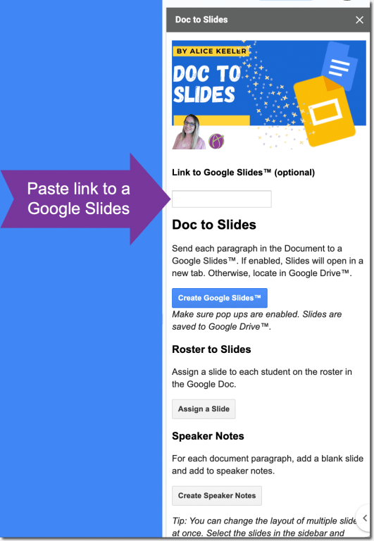 Sidebar for Doc to Slides by Alice Keeler.  It shows an empty box so you can paste your link into Google Slides.  Blue button to create Google Slides.  List of slide options and a speaker notes option