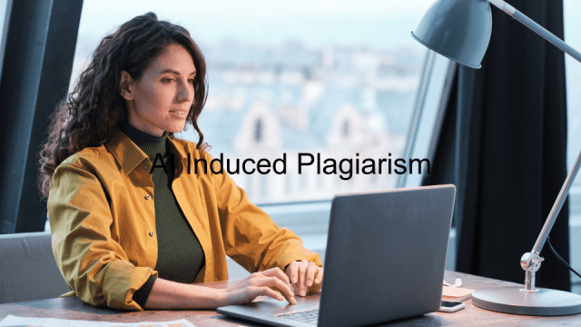 woman typing on the computer.  The text at the top of the image says AI induced plagiarism, but it's hard to read