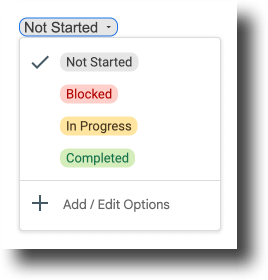 Screenshot of a dropdown starting with not started.  but when you click on the little arrow it expands and you can see the options of blocked, in progress, completed 