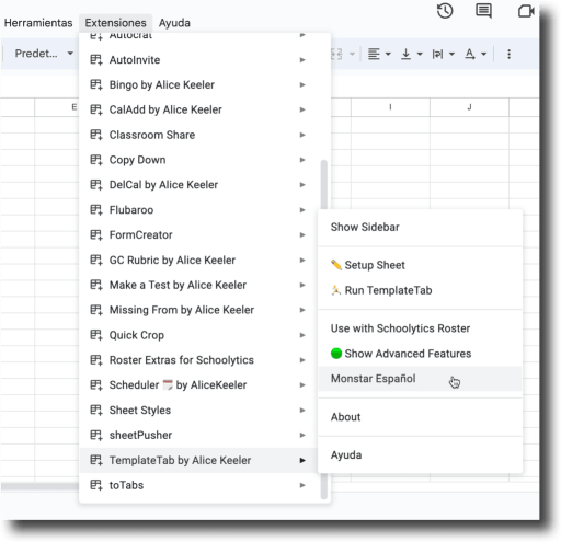 screenshot of google sheets in spanish.  The extensions menu shows the selection of TemplateTab and Monstar Español