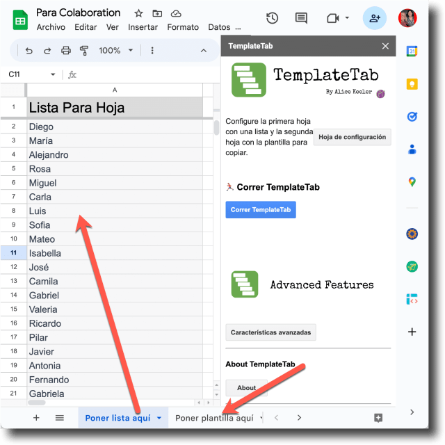 Screenshot of a spreadsheet with a list of student names on the first sheet.  An arrow pointing to the second sheet.