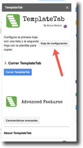 A screenshot of the TemplateTab sidebar in Spanish.  An arrow points to the setup sheet button