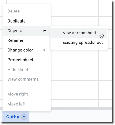 Screenshot of tab in a google sheets spreadsheet with the tiny triangle clicked. Selected Copy to and New Spreadsheet