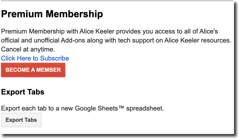 Screenshot of advanced features sidebar showing the premium membership option to join and the Export Tabs button.