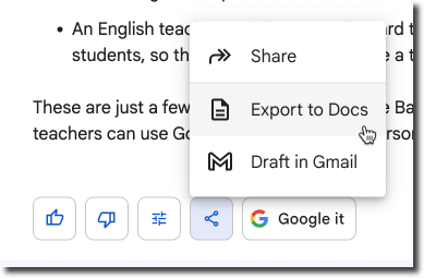 Screenshot of the share icon in google bard where there are options to share, export to docs, and draft in gmail. 