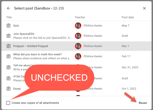 Screenshot of reuse post pop up where the create new copies of all attachments checkbox is unchecked. 