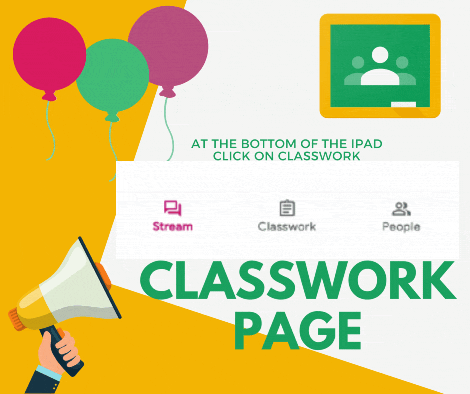 Canva graphic for Google Classroom to direct students to the classwork page. 