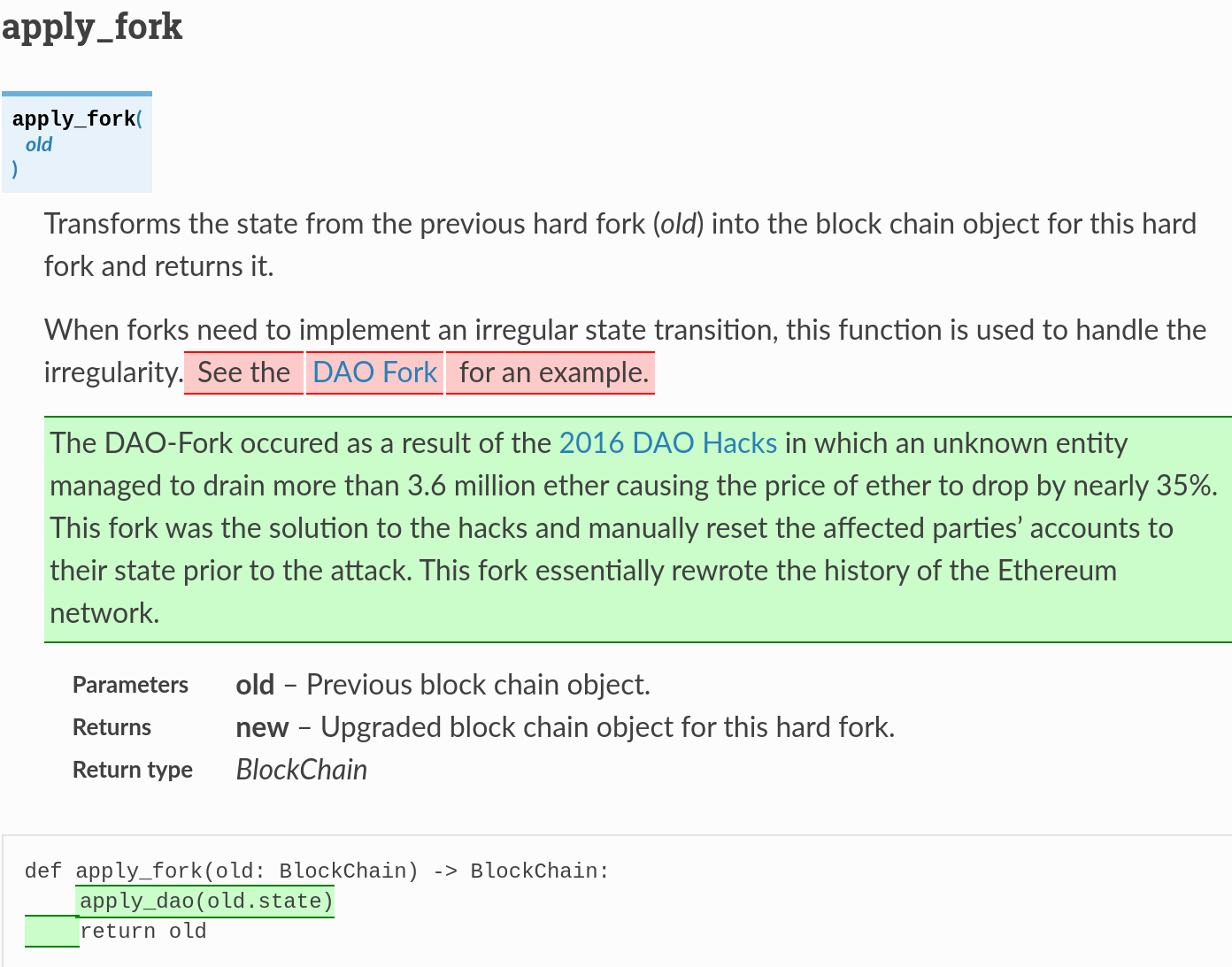 Screenshot of the differences in the apply_fork function between homestead and the DAO fork