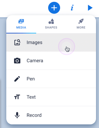 screenshot of plus icon in Book Creator to add images or text to the page. 