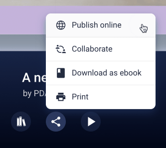 screenshot of book creator share icon with the option to publish online. 