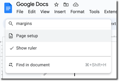 Screenshot of Google Docs searching for margins and showing page setup