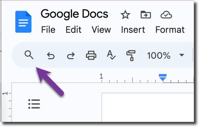 Google docs screenshot with arrow pointing at search in toolbar