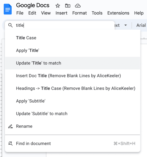 title search for title case in google docs menu