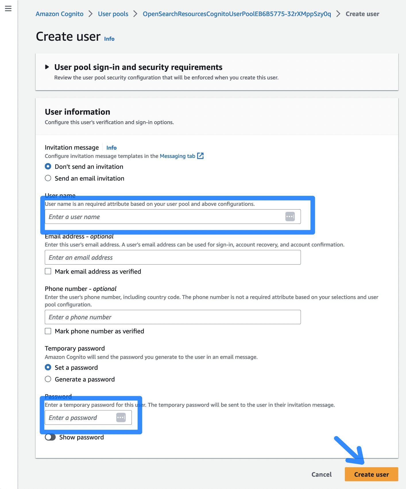 Figure 5: The Cognito create user dialog