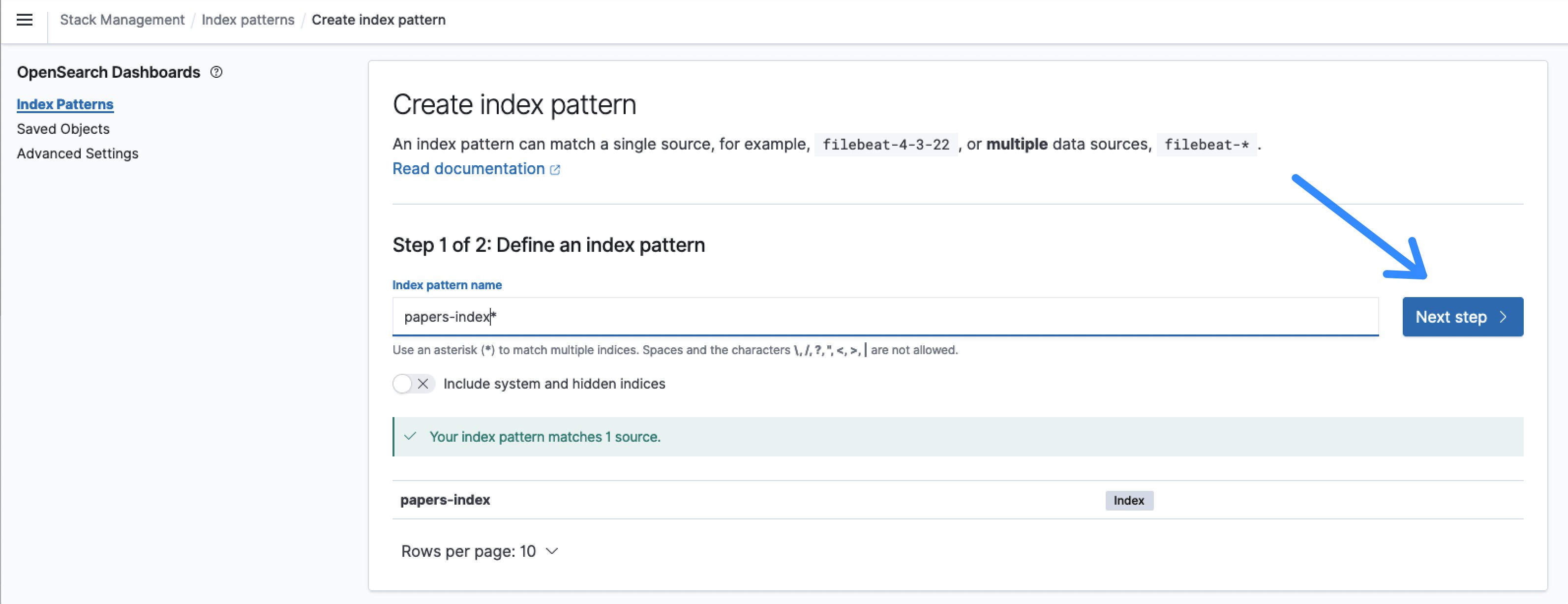 Figure 8: Define the OpenSearch index pattern