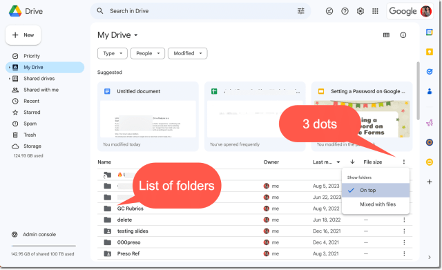 Screenshot of Google Drive showing a list of folders. Upper right of the list shows 3 dots that when expanded shows "on top" and "Mixed with files"