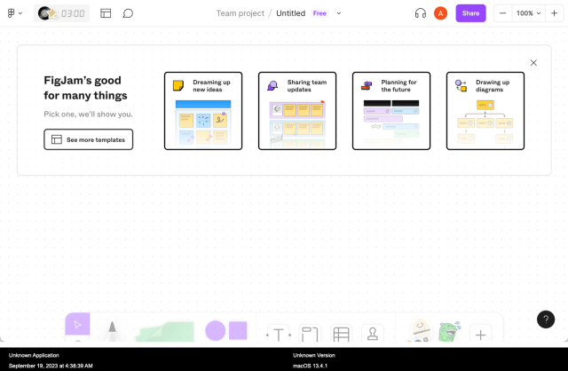 Screenshot of FigJam whiteboard. Open canvas with suggested templates overlay. Toolbar at the bottom with pencil icon to start drawing. 